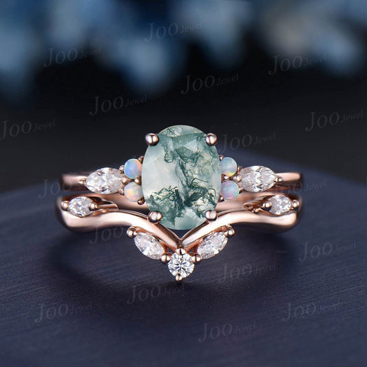 1.5ct Oval Cut Natural Moss Agate Engagement Ring Set 10K Rose Gold Cluster Aquatic Agate Promise Ring Marquise Moissanite Opal Wedding Ring