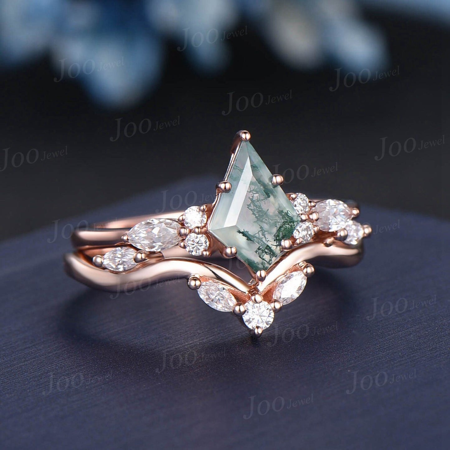 1ct Kite Natural Green Moss Agate Engagement Ring Set 10K Rose Gold Cluster Aquatic Agate Promise Ring Marquise Moissanite Wedding Ring Set