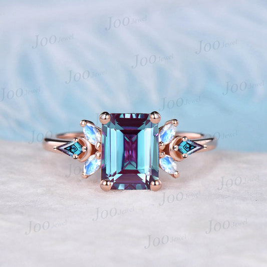 2ct Emerald Cut Color-Change Alexandrite Moonstone Engagement Ring Vintage Cluster Kite Alexandrite Ring Handmade June Birthstone Gift Women