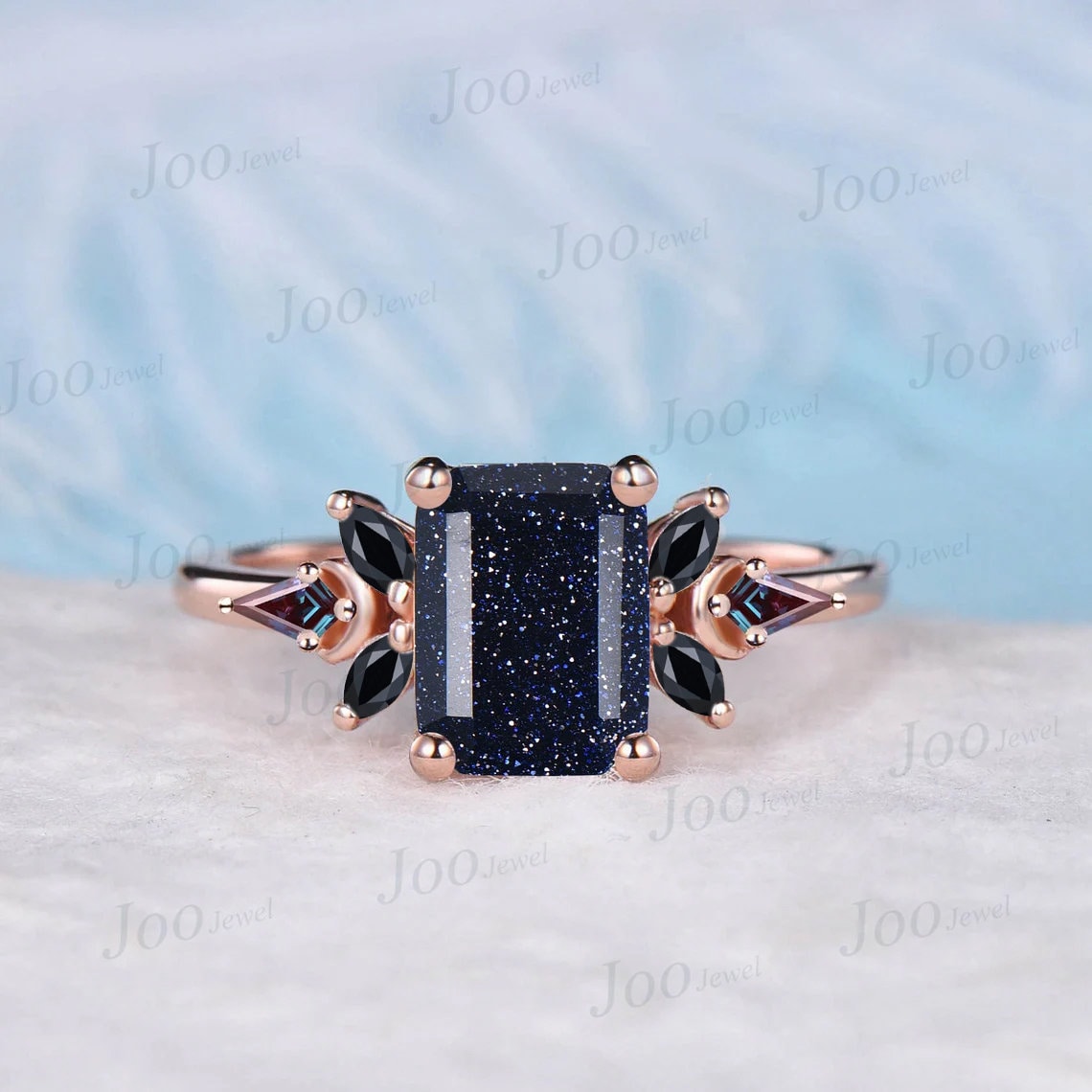 2ct Emerald Cut Galaxy Blue Sandstone Engagement Ring Black Spinel Gemstone Vintage Cluster Kite Alexandrite Ring Personalized Gifts Women