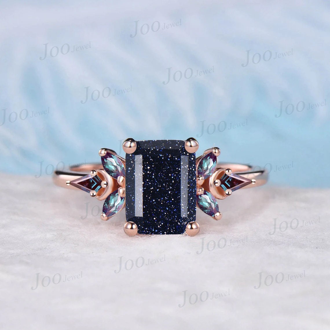 2ct Emerald Cut Galaxy Blue Sandstone Engagement Ring Vintage Cluster Kite Alexandrite Moon Ring Personalized Handmade Proposal Gifts Women