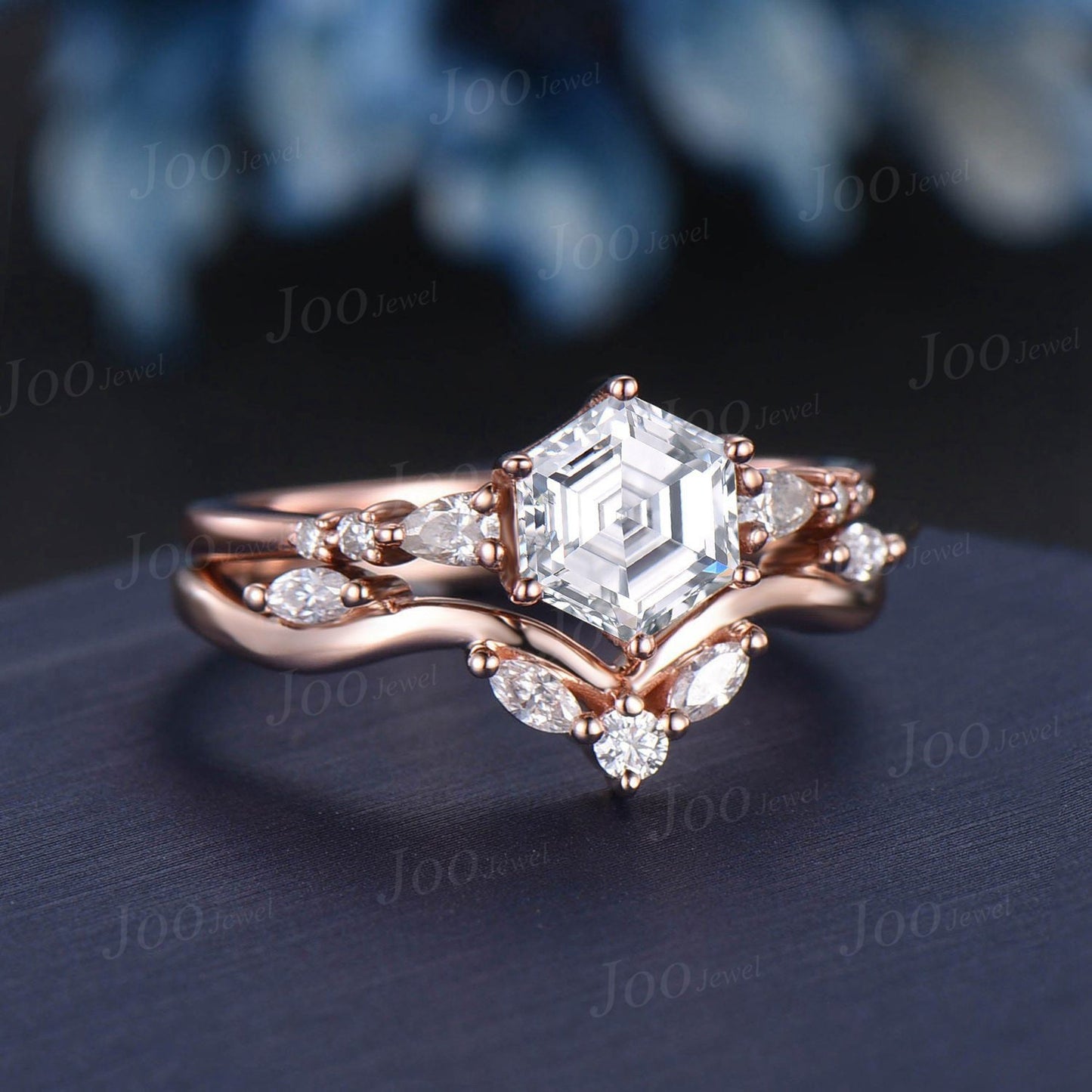 1ct Hexagon Cut Moissanite Diamond Engagement Ring Set Vintage Marquise Moissanite Curved Wedding Band Unique Moissanite Bridal Wedding Ring