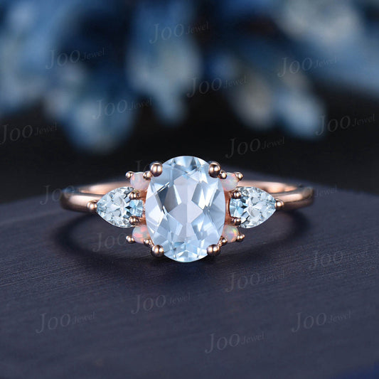 1.5ct Oval Aquamarine Opal Cluster Engagement Ring Vintage March Birthstone Wedding Ring Pear Aquamarine Art Deco Unique Promise Ring Gift
