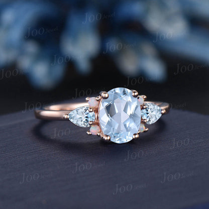 1.5ct Oval Aquamarine Opal Cluster Engagement Ring Vintage March Birthstone Wedding Ring Pear Aquamarine Art Deco Unique Promise Ring Gift