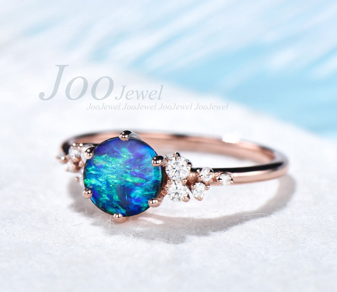 1ct Round Cut Dark Blue Opal Engagement Ring Vintage Rose Gold Cluster Wedding Ring Unique Anniversary Gift Blue Fire Opal Promise Ring Gift