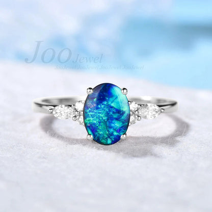 1.5ct Natural Blue Opal Engagement Ring Vintage Rose Gold Wedding Ring Unique Anniversary Gift Galaxy Blue Fire Opal Moissanite Promise Ring