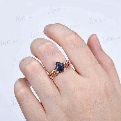 1.25ct Galaxy Blue Sandstone Ring Set Pear Gemstone Jewelry Vintage 10K Rose Gold Blue Goldstone Engagement Ring Personalized Gift for Women