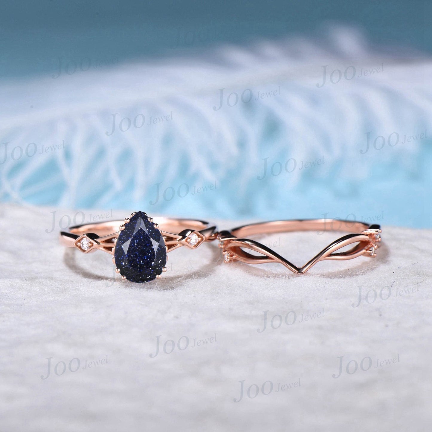 1.25ct Galaxy Blue Sandstone Ring Set Pear Gemstone Jewelry Vintage 10K Rose Gold Blue Goldstone Engagement Ring Personalized Gift for Women
