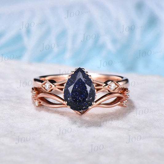 1.25ct Galaxy Blue Sandstone Ring Set Pear Gemstone Jewelry Vintage 10K Rose Gold Blue Goldstone Engagement Ring Personalized Gift for Women