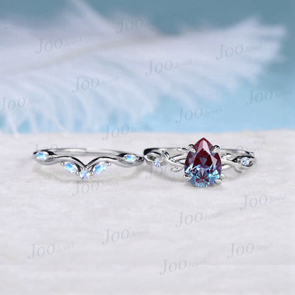 1.25ct Nature Inspired Color-Change Alexandrite Moonstone Bridal Set Twig Vine Teardrop Alexandrite Ring Set Unique June Birthstone Gifts