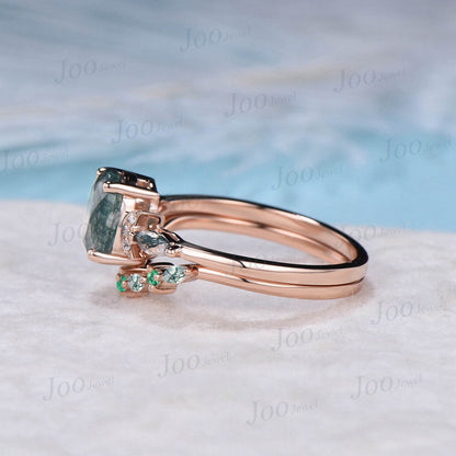 1.5ct Oval Natural Moss Agate Emerald Engagement Ring Set Rose Gold Moss Agate Bridal Set Curve Green Emerald Moss Wedding Band Promise Ring
