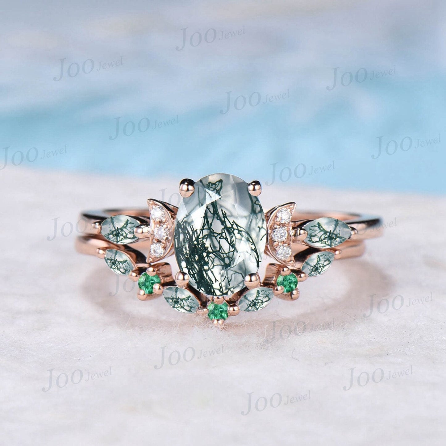 1.5ct Oval Natural Moss Agate Emerald Engagement Ring Set Rose Gold Moss Agate Bridal Set Curve Green Emerald Moss Wedding Band Promise Ring