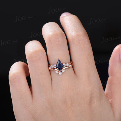 1ct Kite Galaxy Starry Night Blue Sandstone Ring Set Vintage Gemstone Moissanite Blue Goldstone Engagement Ring Set Personalized Gift Women