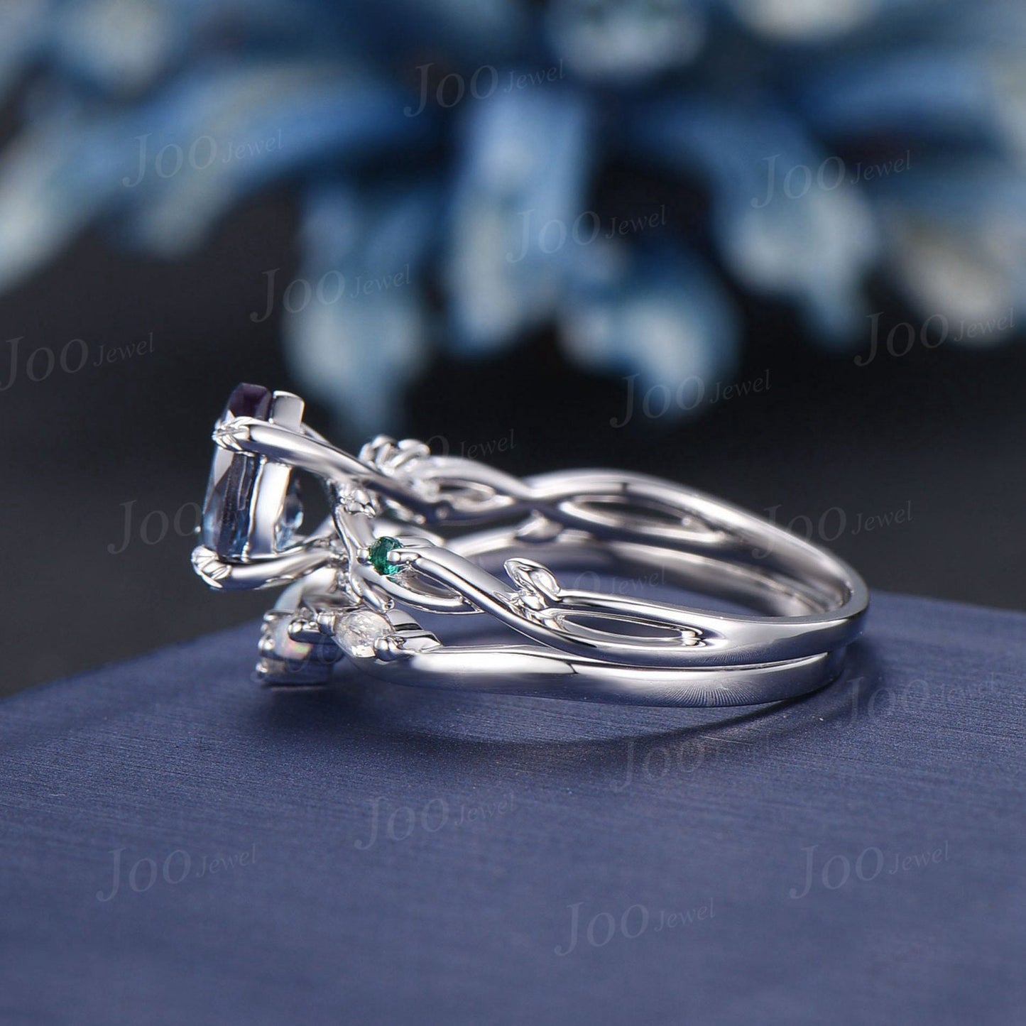 Twig Vine Pear Alexandrite Emerald Ring Set 10K White Gold Nature Inspired Color-Change Alexandrite Moonstone Opal Bridal Set Promise Gifts