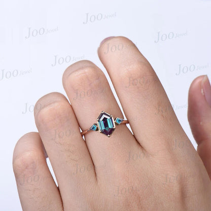 Hexagon Color-Change Alexandrite Ring Vintage Cluster Kite Alexandrite Ring June Birthstone Wedding Ring Unique Anniversary Gemstone Jewelry