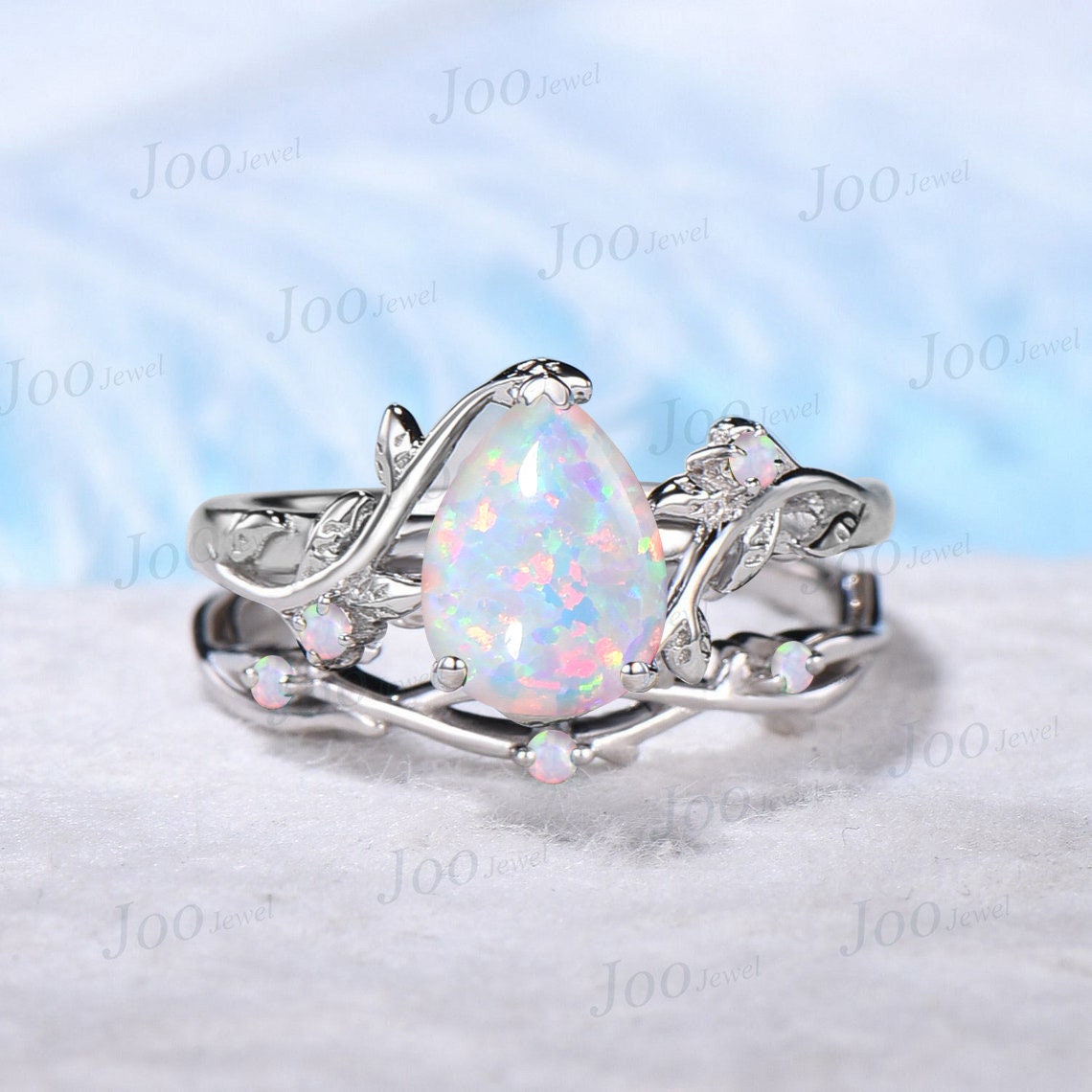 Nature Inspired Branch White Opal Ring Set 10K White Gold Twig Vine Pear Opal Engagement Ring October Birthstone Wedding Ring Birthday Gifts