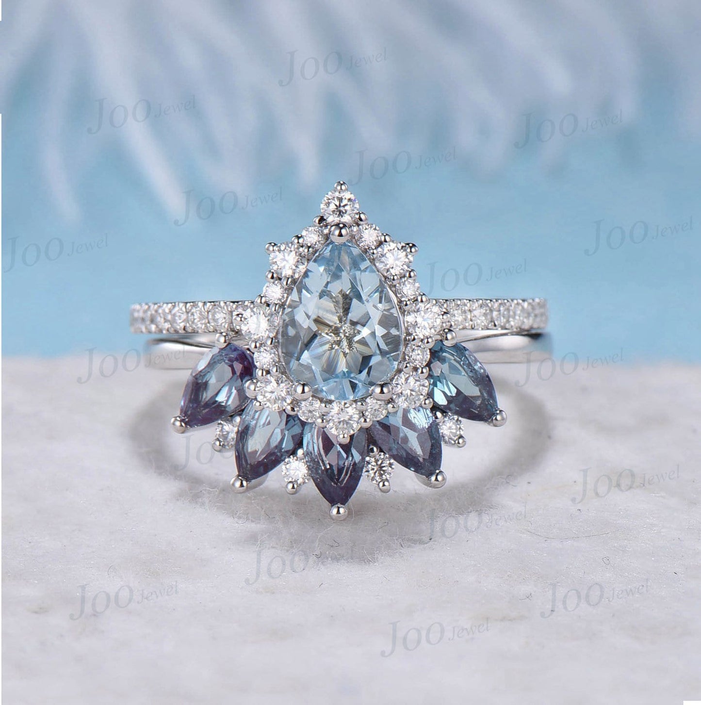 Pear Natural Aquamarine Halo Engagement Ring Set 10k White Gold Half Eternity Moissanite Alexandrite Wedding Band Cocktail Statement Rings