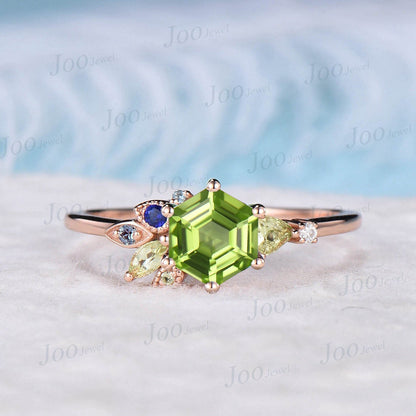 1ct Hexagon Cut Natural Green Peridot Ring 10K Rose Gold August Birthstone Cluster Wedding Ring Personalized Anniversary/Birthday Gift Women
