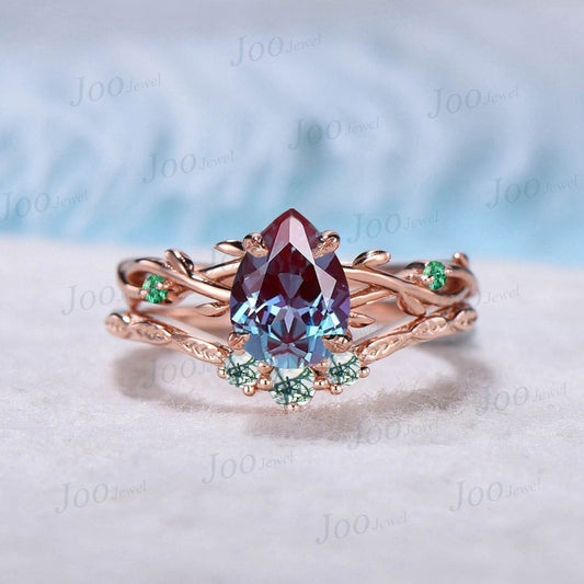 1.25ct Nature Inspired Pear Alexandrite Ring Set Twig Engagement Ring Set Green Emerald Branch Vine Moss Wedding Ring Alexandrite Bridal Set