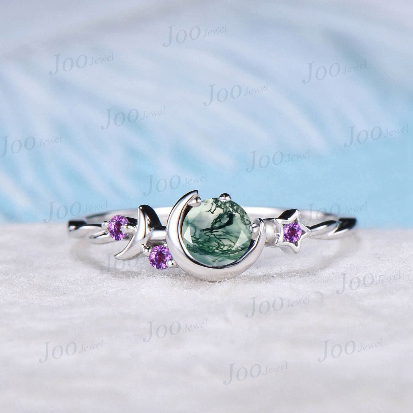 5mm Round Natural Green Moss Agate Engagement Ring Moon Star Cluster Purple Amethyst Celestial Ring Unique Asymmetrical Promise Ring Gifts