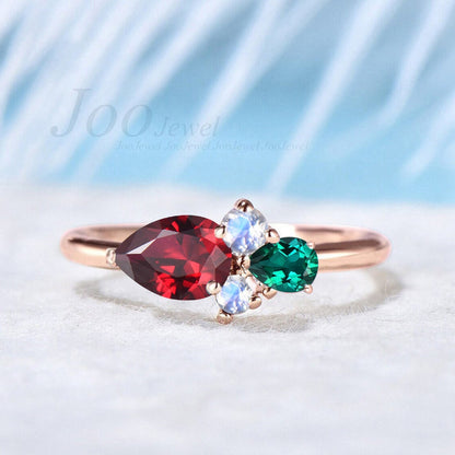 Handmade Pear Cut Red Ruby Ring 10K Rose Gold July Birthstone Promise Ring Vintage Cluster Moonstone Opal Ring Personalized Birthday Gifts