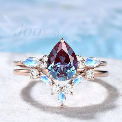 1.25ct Teardrop Color-Change Alexandrite Moonstone Wedding Ring Set Rose Gold Moissanite Moonstone Ring Set June Birthstone Birthday Gifts