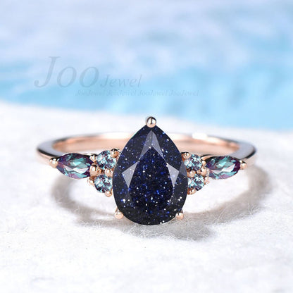 7mm Round Cut Galaxy Blue Sandstone Engagement Ring Vintage Color-Change Alexandrite Wedding Ring Unique Anniversary/Proposal Gift For Women