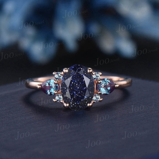 Unique 1.5ct Galaxy Starry Sky Oval Cut Blue Sandstone Engagement Ring Vintage Color-Change Alexandrite Wedding Ring Jewelry Gift For Women