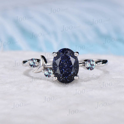 1.5ct Oval Galaxy Starry Sky Blue Sandstone Ring Cluster Alexandrite Ring Asymmetrical Ring Celestial Wedding Promise Ring Anniversary Gifts