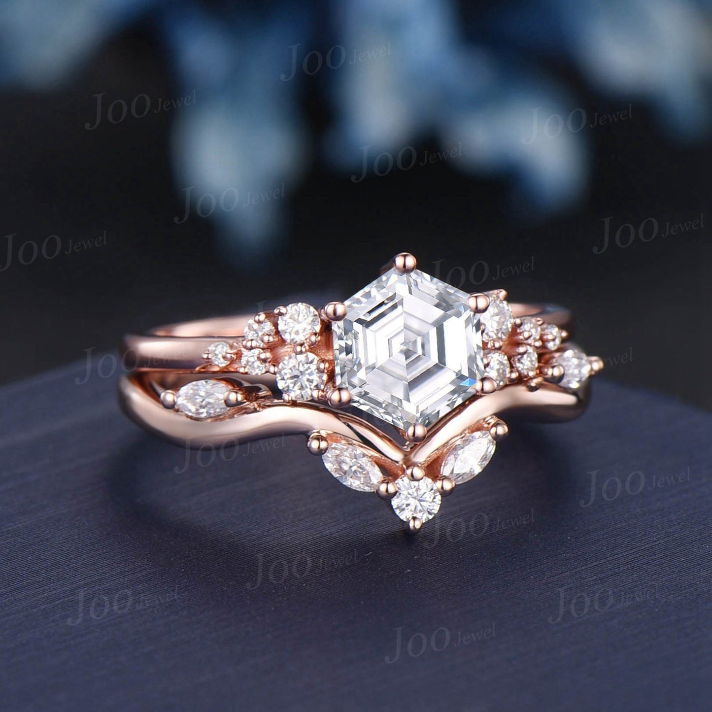 1ct Hexagon Cut Moissanite Diamond Engagement Ring Set Vintage Marquise Moissanite Curved Wedding Band Unique Snowdrift Cluster Wedding Ring