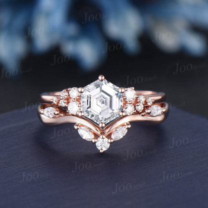1ct Hexagon Cut Moissanite Diamond Engagement Ring Set Vintage Marquise Moissanite Curved Wedding Band Unique Snowdrift Cluster Wedding Ring