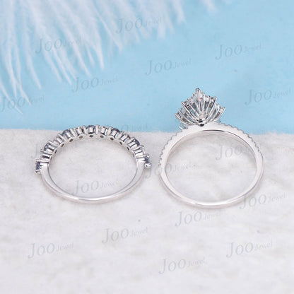 1.25ct Pear Cut Natural Aquamarine Wedding Ring Set 10K White Gold Half Eternity Halo Moissanite Ring Platinum Ring Alexandrite Wedding Band