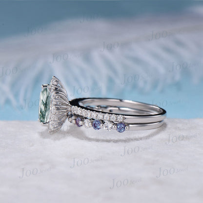 Pear Cut Natural Green Moss Agate Half Eternity Bridal Ring Set 10K White Gold Halo Moissanite Alexandrite Wedding Band Moss Wedding Ring