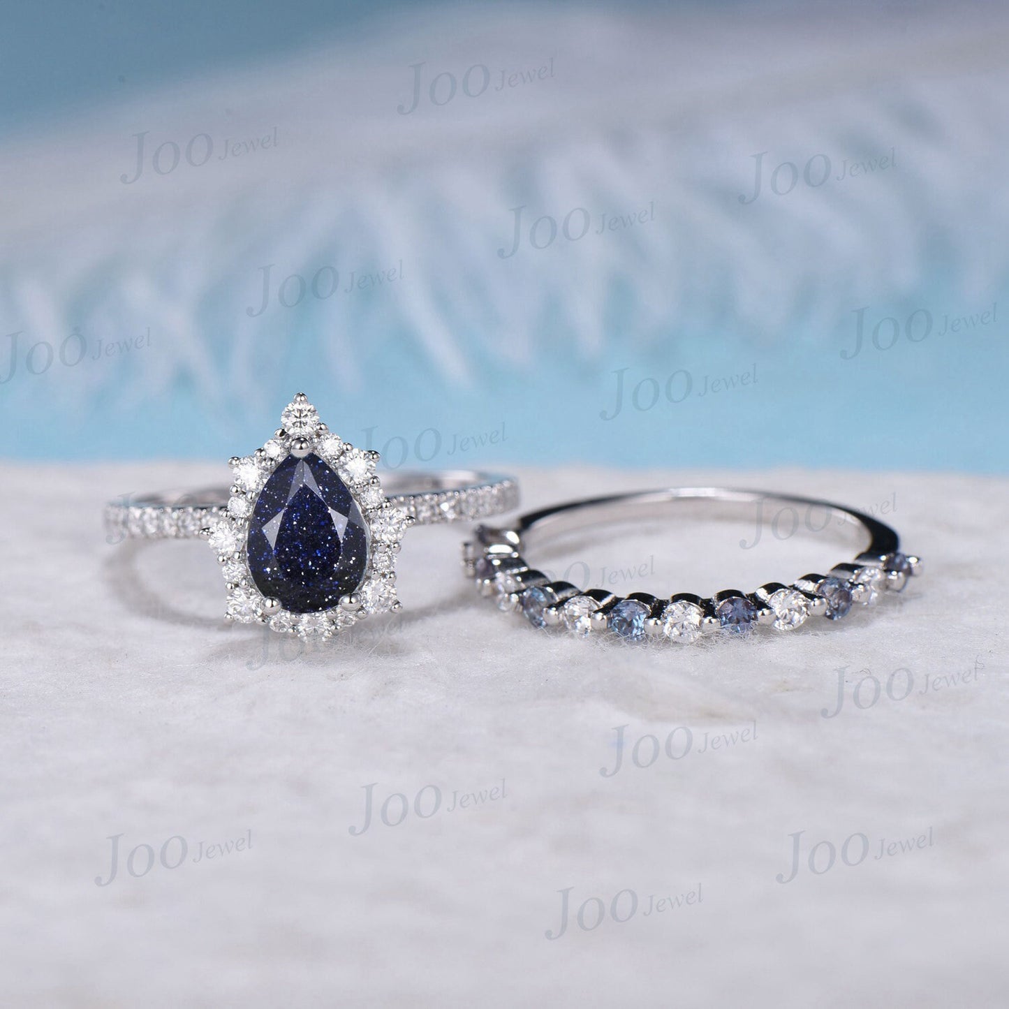 Pear Cut Galaxy Blue Sandstone Bridal Set 10K White Gold Halo Moissanite Alexandrite Wedding Band Blue Goldstone Half Eternity Wedding Ring