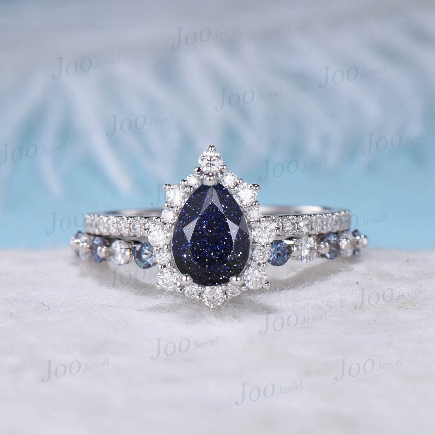 Pear Cut Galaxy Blue Sandstone Bridal Set 10K White Gold Halo Moissanite Alexandrite Wedding Band Blue Goldstone Half Eternity Wedding Ring