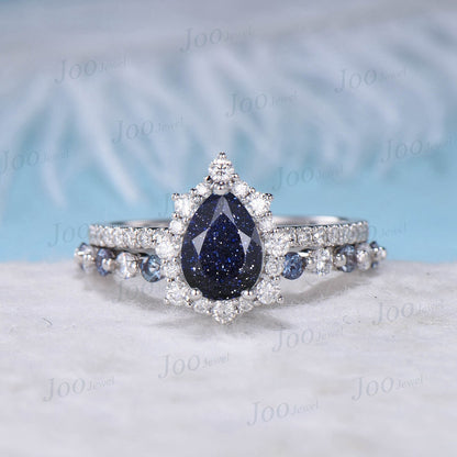 Pear Cut Galaxy Blue Sandstone Bridal Set 10K White Gold Halo Moissanite Alexandrite Wedding Band Blue Goldstone Half Eternity Wedding Ring