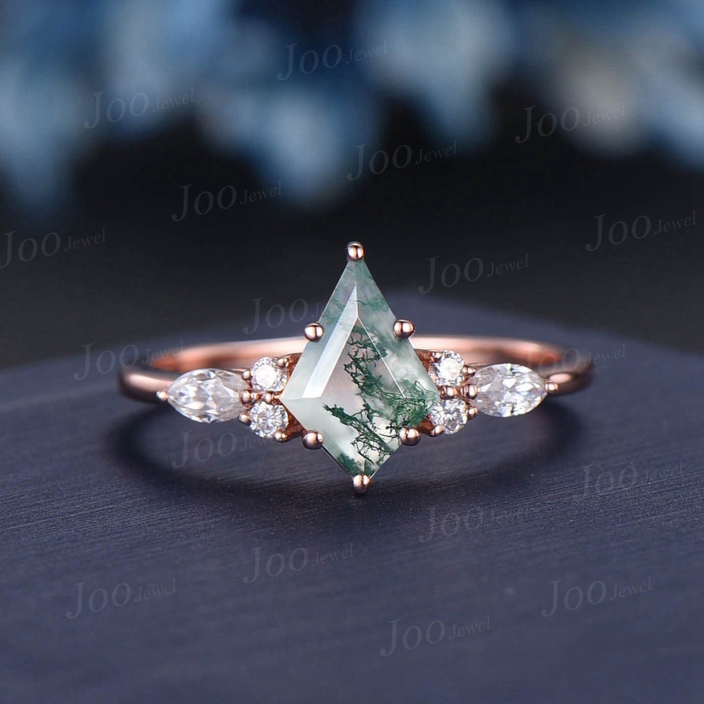 1ct Kite Natural Green Moss Agate Engagement Ring Set 10K Rose Gold Cluster Aquatic Agate Promise Ring Marquise Moissanite Wedding Ring Set
