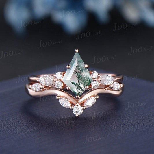 1ct Kite Natural Green Moss Agate Engagement Ring Set 10K Rose Gold Cluster Aquatic Agate Promise Ring Marquise Moissanite Wedding Ring Set