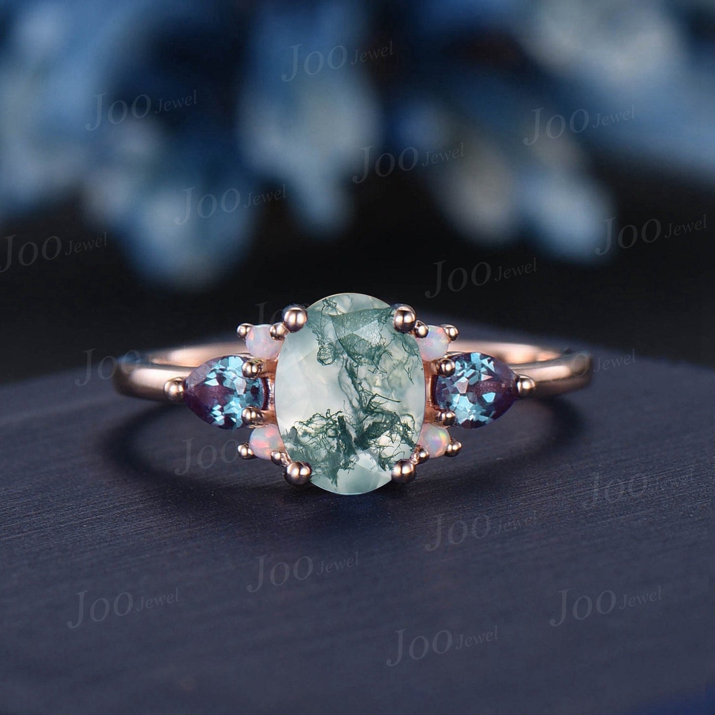 1.5ct Oval Natural Green Moss Agate Alexandrite Engagement Ring Vintage Pear Alexandrite Opal Ring Art Deco June Birthstone Birthday Gifts