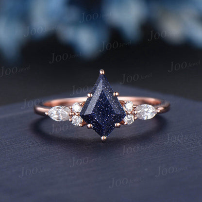 1ct Kite Galaxy Starry Night Blue Sandstone Ring Set Vintage Gemstone Moissanite Blue Goldstone Engagement Ring Set Personalized Gift Women