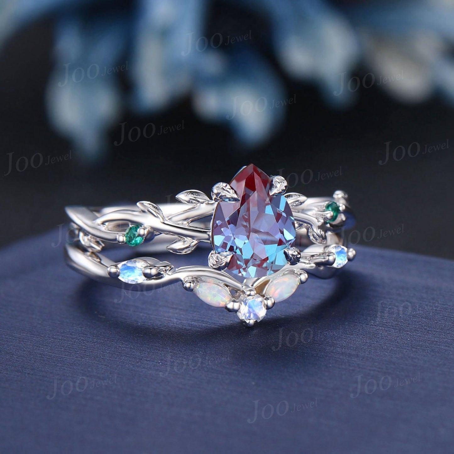 Twig Vine Pear Alexandrite Emerald Ring Set 10K White Gold Nature Inspired Color-Change Alexandrite Moonstone Opal Bridal Set Promise Gifts