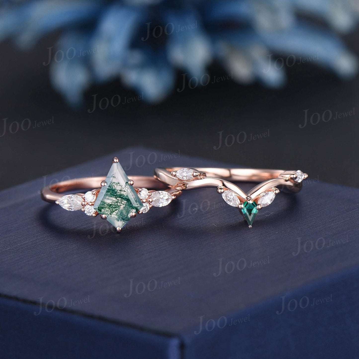 1ct Kite Cut Natural Moss Agate Engagement Rings Set Rose Gold Aquatic Agate Green Emerald Promise Ring Moss Moissanite Wedding Bridal Ring