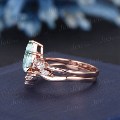 1ct Kite Cut Natural Moss Agate Engagement Rings Set Rose Gold Aquatic Agate Green Emerald Promise Ring Moss Moissanite Wedding Bridal Ring