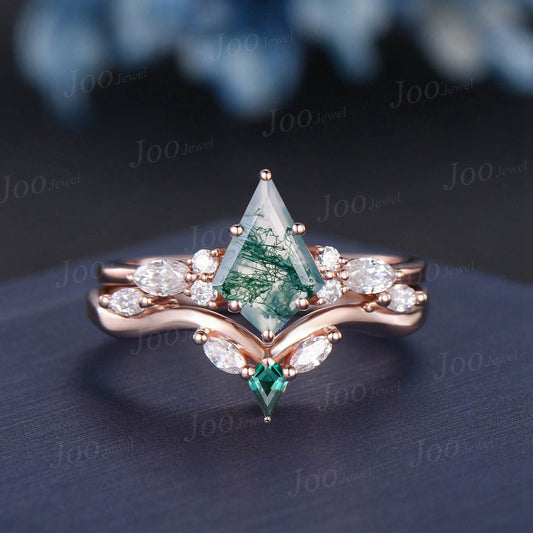 1ct Kite Cut Natural Moss Agate Engagement Rings Set Rose Gold Aquatic Agate Green Emerald Promise Ring Moss Moissanite Wedding Bridal Ring