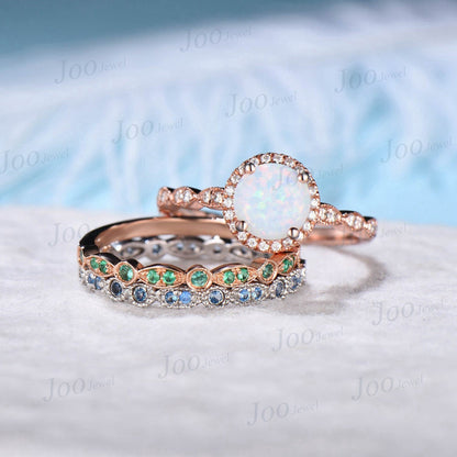 3pcs Round White Opal Halo Engagement Ring Set Vintage Milgrain Moissanite Emerald London Blue Topaz Wedding Band Half Eternity Wedding Ring