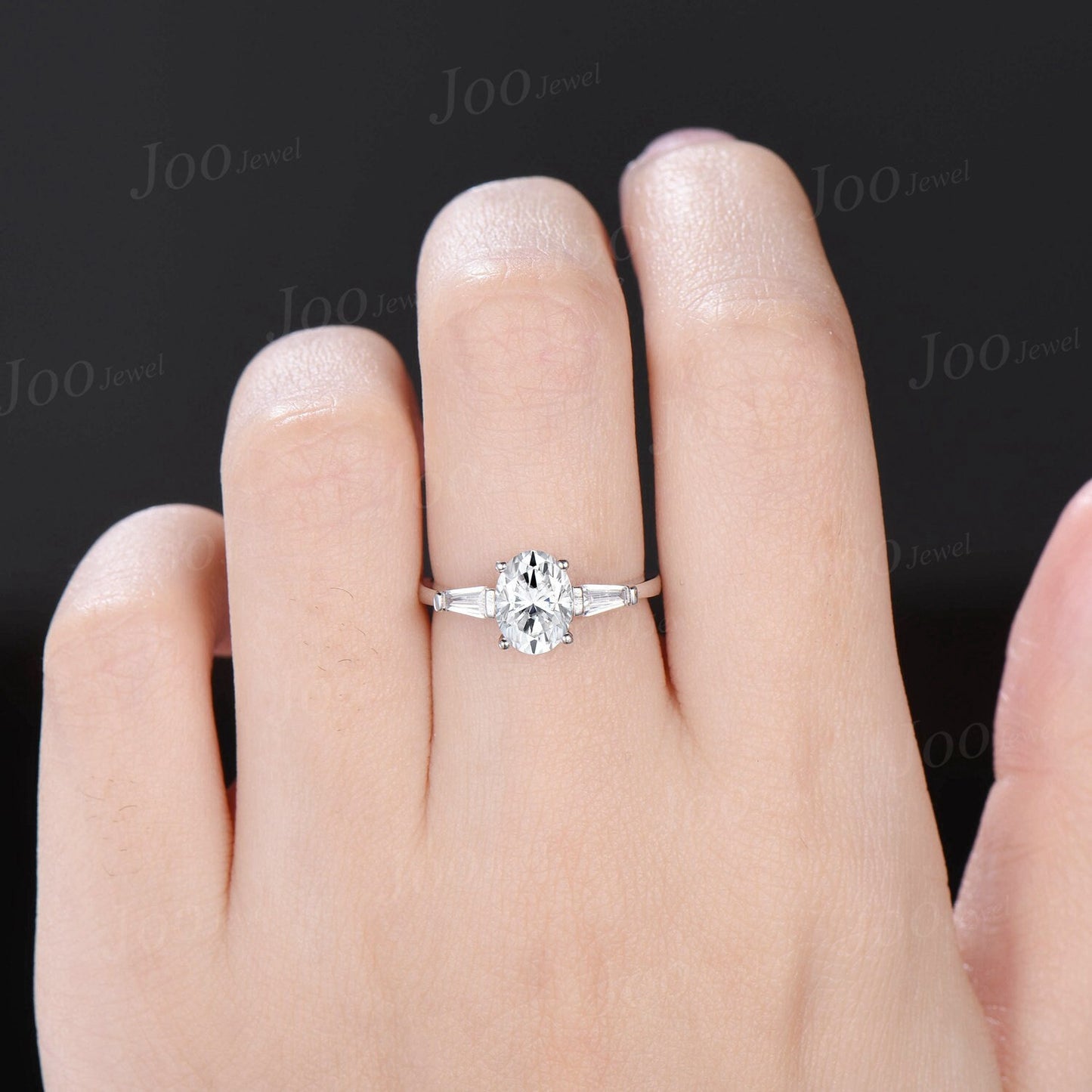 Three Stone Wedding Ring 10K White Gold 1.5ct Oval Cut Moissanite Engagement Ring, Oval and Tapered Baguette Diamond Ring Anniversary Rings