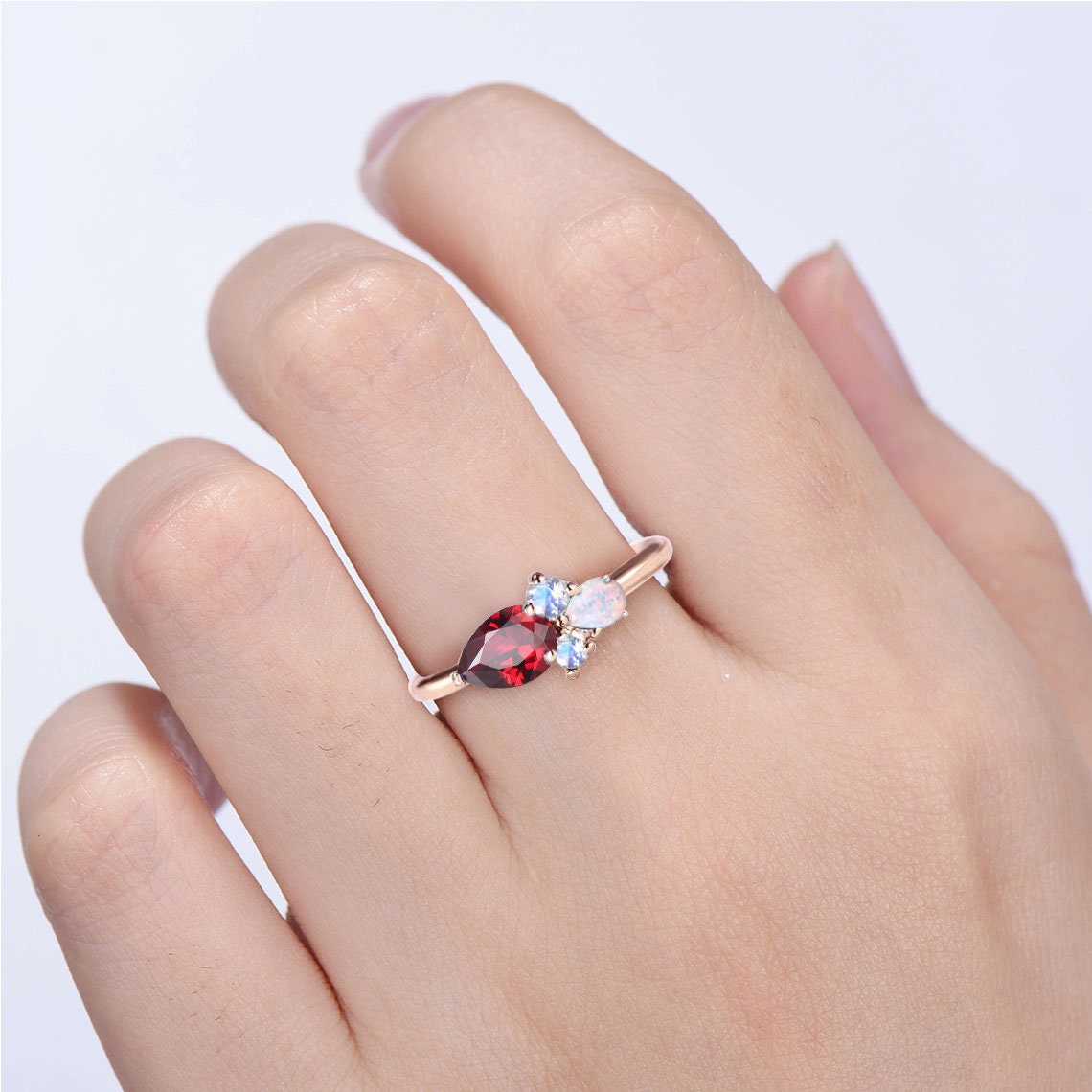 Handmade Pear Cut Red Ruby Ring 10K Rose Gold July Birthstone Promise Ring Vintage Cluster Moonstone Opal Ring Personalized Birthday Gifts