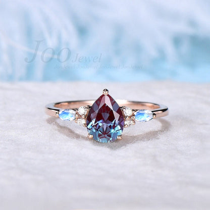 1.25ct Teardrop Color-Change Alexandrite Moonstone Wedding Ring Set Rose Gold Moissanite Moonstone Ring Set June Birthstone Birthday Gifts