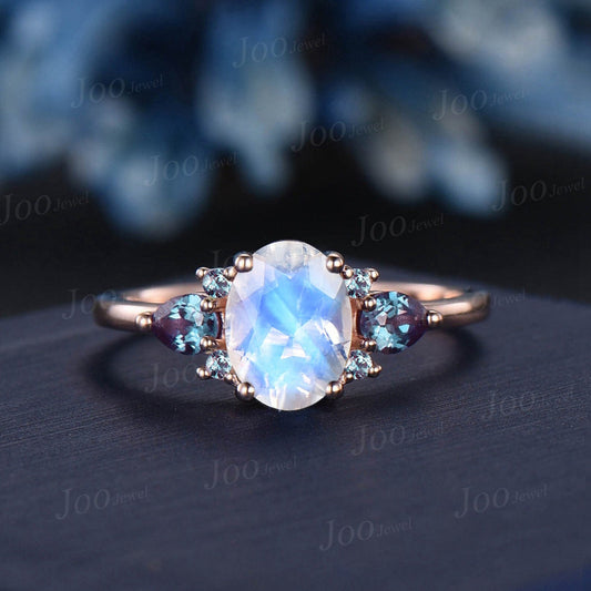 1.5ct Oval Natural Blue Moonstone Engagement Ring Vintage Color-Change Pear Alexandrite Wedding Ring June Birthstone Birthday/Promise Gifts