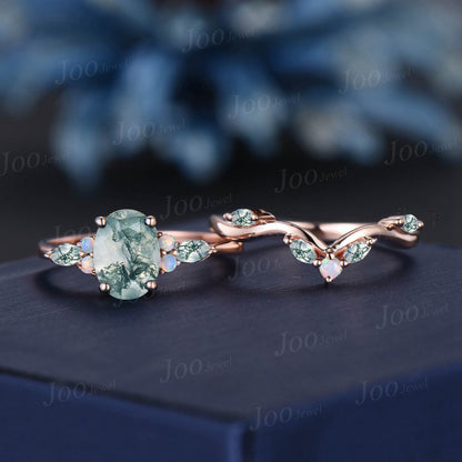1.5ct Oval Cut Natural Green Moss Agate Engagement Ring Set 10K Rose Gold Cluster Aquatic Agate Bridal Set Marquise Moss Opal Wedding Band